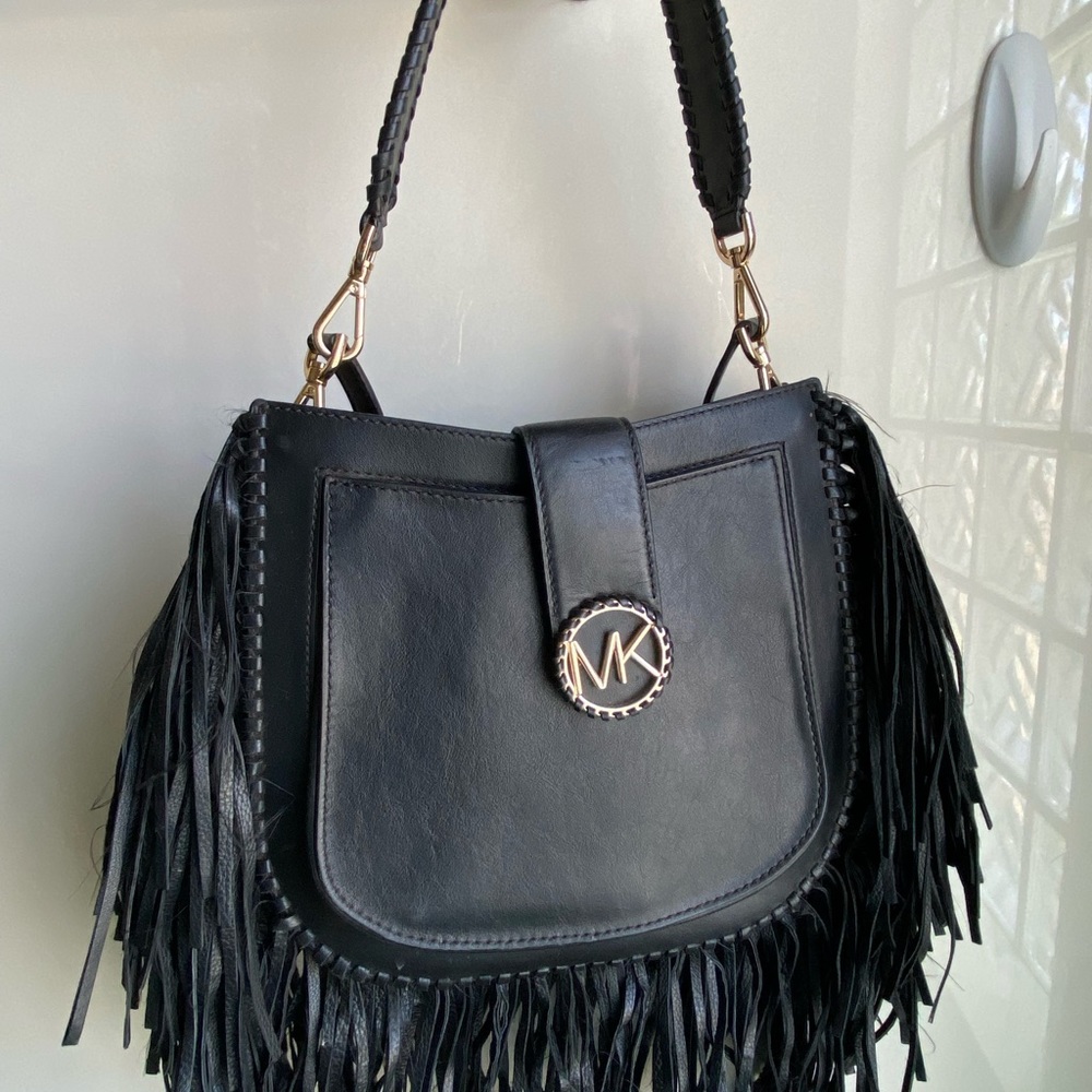 Michael Kors Black Leather Fringe Crossbody Bag with Gold Logo